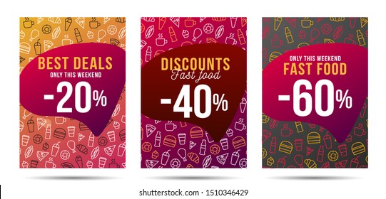 Set of flyers with fast food linear icons pattern, with discount on the speech bubble