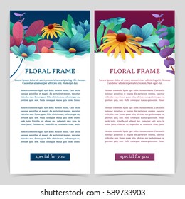 Set flyers with floral decor. Vertical banners with place for your text. Upper frame with flowers, leaves, twigs and plants. Vector.