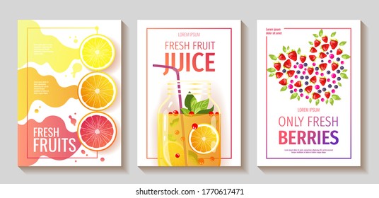 Set Of Flyers With Fresh Fruits And Berries. Orange, Grapefruit, Lemon, Juice Jar. A4 Vector Illustration For Menu, Poster, Banner, Flyer, Cover.