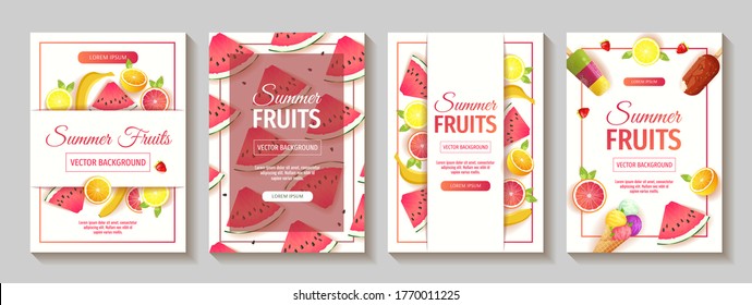 Un juego de folletos con fruta fresca. sandía, naranja, pomelo, limón, plátanos, helados, helado, helado. A4 ilustración vectorial para venta de verano, menú, afiche, banner, volante.