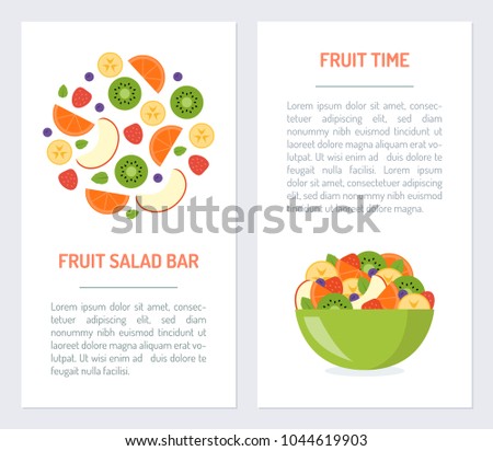 Set flyers for fruit salad bar. Promotional products. Flat design. Vector illustration.