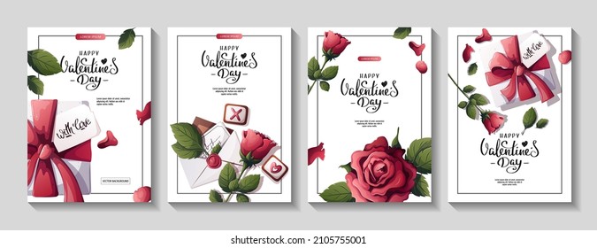 Set of flyers with Gift box, roses, petals, gingerbreads, love letter. Happy Valentine's Day, Romance, Love concept. A4 vector illustration for poster, banner, advertising, invitation, flyer, cover.