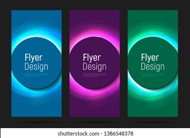 set of flyers with glowing neon circle in different colours