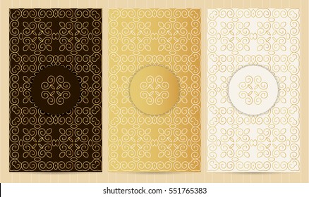 Set of flyers in golden color with logo. Collection of business templates, seamless patterns in islamic, eastern, oriental style. 