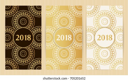 Set of flyers in golden color with logo. Collection of business templates, patterns in islamic, eastern, oriental style.
