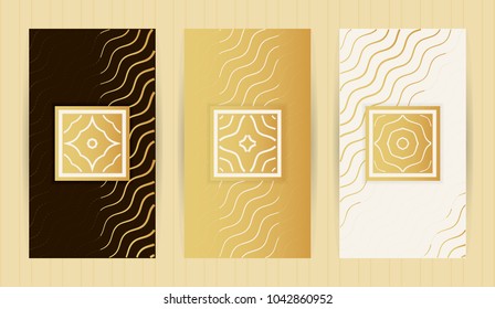 Set of flyers in golden colors. Vector backgrounds for restaurant menu, business card, brochure, book cover, banner, etc.