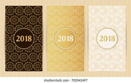 Set of flyers in golden colors. Vector backgrounds for restaurant menu, business card, brochure, book cover, banner, etc.