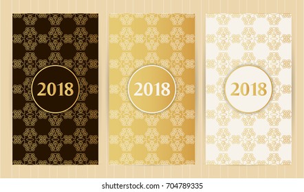 Set of flyers in golden colors. Vector backgrounds for restaurant menu, business card, brochure, book cover, banner, etc.