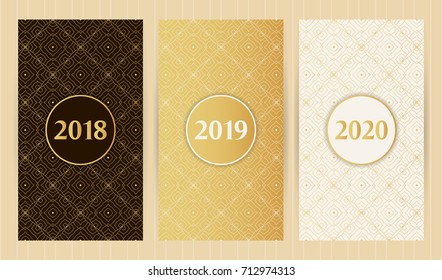 Set of flyers in golden colors. Vector backgrounds for restaurant menu, business card, brochure, book cover, banner, etc. 