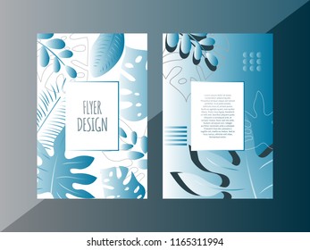 Set flyers with gradient tropical leaves, templates for business cards with palm leaves, blue nature banners, vector frames with exotic leaves