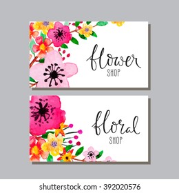 Set Of Flyers Or Greeting Cards With Watercolor Flowers And Hand-written Inscription. Bright, Fun, Trendy Design. Vector Illustration.