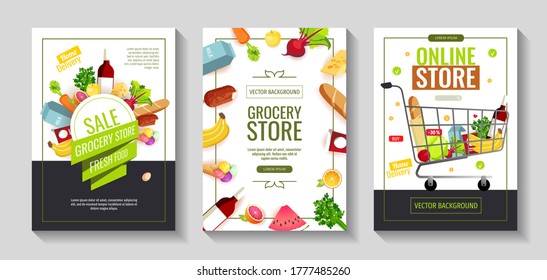 Set of flyers with groceries. Grocery store, Shopping, Supermarket, Fresh food, Home delivery, Ordering, Sale concept. A4 vector illustration for poster, banner, flyer, advertising, promo, commercial.