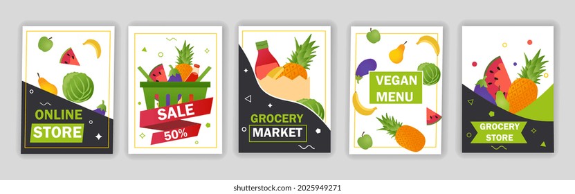 Set of flyers with groceries. Posters with vegetables, fruits, inscription and abstract geometric shape. Discount, online store, vegan menu. Cartoon flat vector collection isolated on gray background