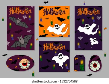 Set of flyers for Halloween. Bats, ghosts and zombies. Scary beautiful Halloween holiday invitations.