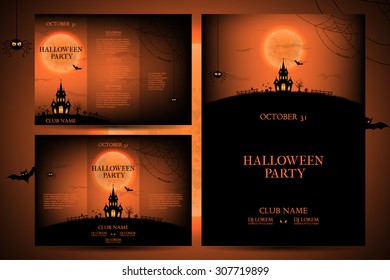 Set of flyers for halloween vector illustration. Templates of posters with terrible house on orange background. Halloween party greeting cards.