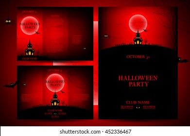 Set of flyers for halloween. Vector illustration. Templates of posters with terrible house on the red background. Halloween party greeting cards.