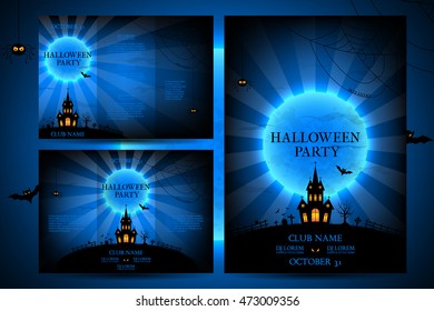 Set of flyers for halloween vector illustration. Templates of posters with terrible house on blue background. Halloween party greeting cards.