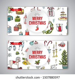 Set of flyers with hand drawn sketchy Merry Christmas elements. Doodle vector illustration. Candles, gift, boxes, christmas tree, wreath, stocking, candy canes, cookie, bells, holly decoration 