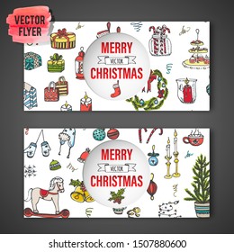 Set of flyers with hand drawn sketchy Merry Christmas elements. Doodle vector illustration. Candles, gift, boxes, christmas tree, wreath, stocking, candy canes, cookie, bells, holly decoration 