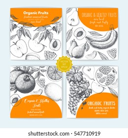 Set of flyers with hand-drawn fruits. Organic food sketch. Vector illustration for fruits market. Square  banner collection. Vintage elements for design.