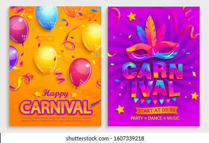 Set of flyers for happy carnival party.Confetti,balloons,mask with feathers for holiday.Mardi gras festive,carnaval.Party on fesival,masquerade,parade.Template for design invitation banners.Vector