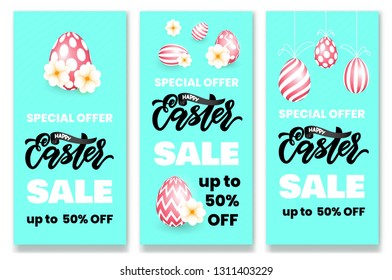 Set of flyers Happy Easter sale banner template flowers and easter pink gold eggs on blue background. Vector illustration.Vector illustration. Modern lettering. greeting card, promotion, poster, flyer