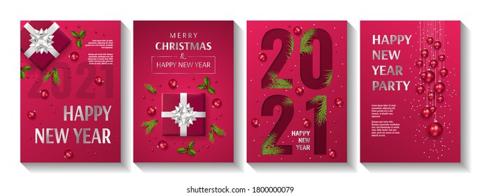 Set of flyers for Happy New Year 2021. Red and silver collors. Christmas balls, christmas tree, gift box, holly. A4 vector illustration for invitation, card, flyer, poster, banner, brochure, postcard.