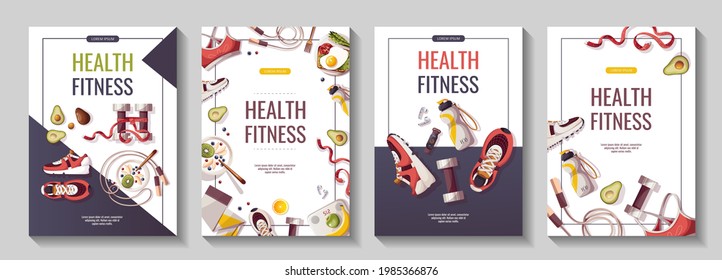 Set of flyers Healthy lifestyle, natural food, motivation, sport equipment, fitness training, sportswear, workout. A4 vector illustration for poster, banner, flyer, special offer, advertising.