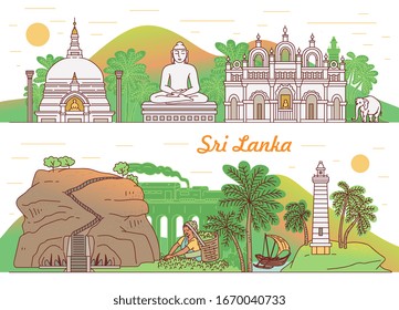 Set of flyers or horizontal banners with Sri Lanka tourist landmarks, sketch cartoon vector illustration. Backgrounds for traveling agency tourist brochure.