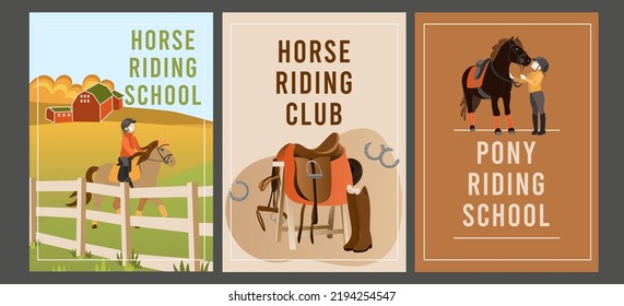 Set of flyers for horse or pony riding school, club, lessons. Rider equipment.  Landscape with horse and fence. A4 vector illustration for poster, banner, flyer, advertising.
