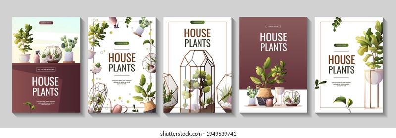 Set Of Flyers For Houseplants Store, Greenhouse, Florarium, Home Garden, Gardening, Plant Lover. Vector Illustration For Poster, Banner, Flyer, Advertising, Commercial, Promo. 