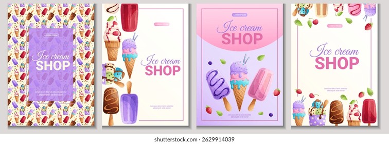 A set of flyers for an ice cream shop. Different types of ice cream. The concept of summer, sweets, confectionery. A4 vector illustration for posters, banners and advertisements