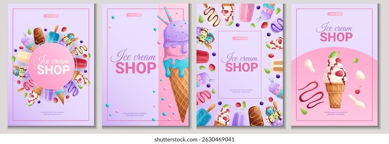 Um conjunto de panfletos para uma sorveteria. Diferentes tipos de sorvete. O conceito de verão, doces, confeitaria. Ilustração vetorial A4 para cartazes, banners e anúncios