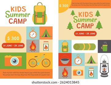 Set of flyers, invitations to children's summer camp. Vector illustration.