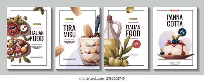 Panna cotta, con bruschetta italiana, tiramisu, oliveoil y panna cotta. comida italiana, comida saludable, cocina, recetas, concepto de menú de restaurante. Ilustración vectorial para tarjeta, afiche, banner.