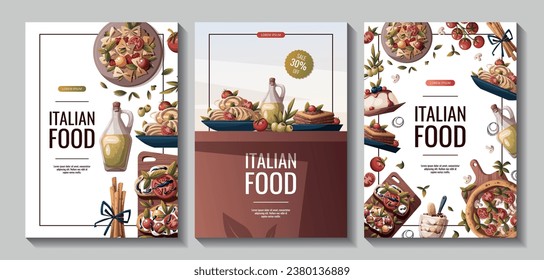 Un juego de folletos con pizza italiana, pasta, bruschetta y aceite de oliva. comida italiana, comida saludable, cocina, recetas, concepto de menú de restaurante. Ilustración vectorial para afiche, banner, venta, promoción.