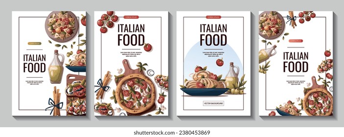 Un juego de folletos con pizza italiana, pasta, bruschetta y aceite de oliva. comida italiana, comida saludable, cocina, recetas, concepto de menú de restaurante. Ilustración vectorial para afiche, banner, venta, promoción.