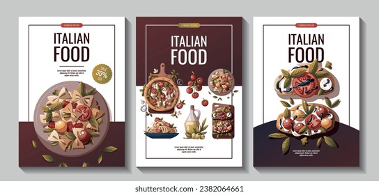 Set of flyers with Italian pizza, pasta, bruschetta, olive oil. Italian food, healthy eating, cooking, recipes, restaurant menu concept. Vector illustration for poster, banner, sale, promo.