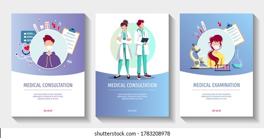 Set of flyers for Laboratory diagnostic, Medical consultation, Online doctor, Medicine clinic and health care. A4 vector illustration for poster, banner, flyer, advertising.