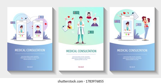 Set of flyers for Laboratory diagnostic, Medical consultation, Online doctor, Medicine clinic and health care. A4 vector illustration for poster, banner, flyer, presentation.