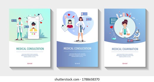 Set of flyers for Laboratory diagnostic, Medical consultation, Online doctor, Medicine clinic and health care. A4 vector illustration for poster, banner, website, presentation.