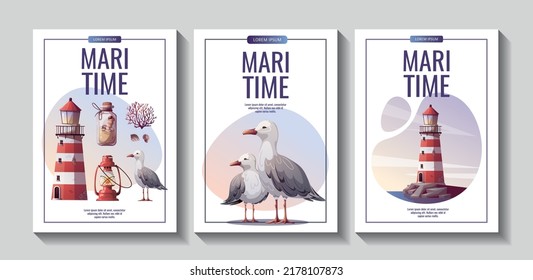 Set of flyers with lighthouse, sand bottle, corals, seagulls, seashells. Maritime, sea coast, marine life, nautical concept. Vector illustrations.