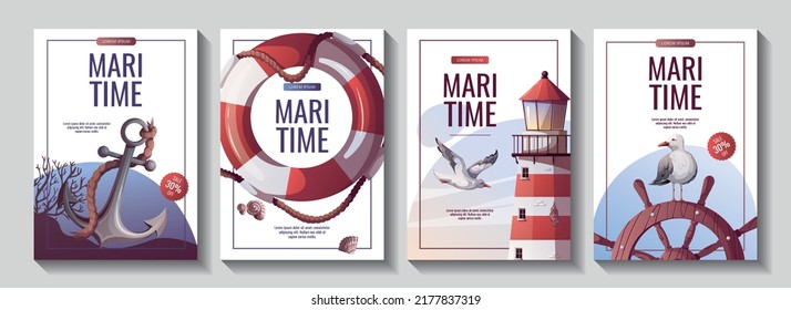 Set of flyers with lighthouse, ship's steering wheel, anchor, lifebuoy, corals, seagulls, seashells. Maritime, sea coast, marine life, nautical concept. Vector illustrations.