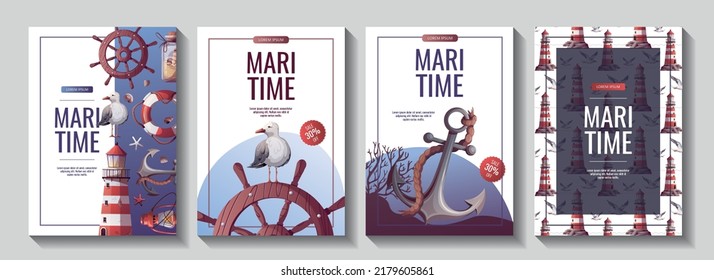 Set of flyers with lighthouse, ship's steering wheel, anchor, lifebuoy, sand bottle, corals, seagulls, seashells. Maritime, sea coast, marine life, nautical concept. Vector illustrations.