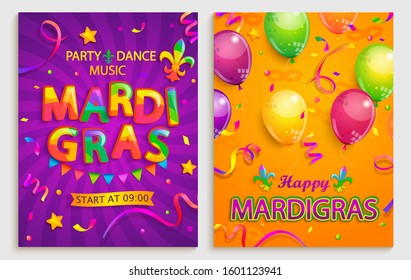 Set of flyers for mardigras carnival party.Confetti,balloons,flags for holiday.Mardi gras festive,carnaval.Party,dance,music on fesival,masquerade,parade.Template for design invitation banners.Vector