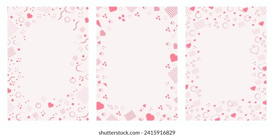 Set of flyers in Memphis style in pink color. Memphis style border sheets with geometric shapes and color hearts. Design of pages for text. Set of templates.