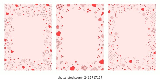 Set of flyers in Memphis style in pink color. Memphis style border sheets with geometric shapes and color hearts. Design of pages for text. Set of templates.