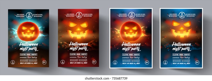 Set of Flyers for a night party in the style of Helloween. Vector pumpkin face on modern colourful background for cover, banner, brochure, poster, presentations. Vector illustration