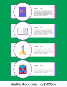 Set of flyers with objects in circles vector columns with place for stationery objects of textbook, open book, scissors and rucksack isolated on green
