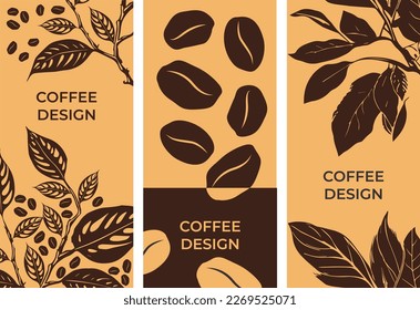 Juego de volantes sobre el tema del café, las hojas de café, los granos de café y los colores del café. Volante, tarjeta, diseño de banner.